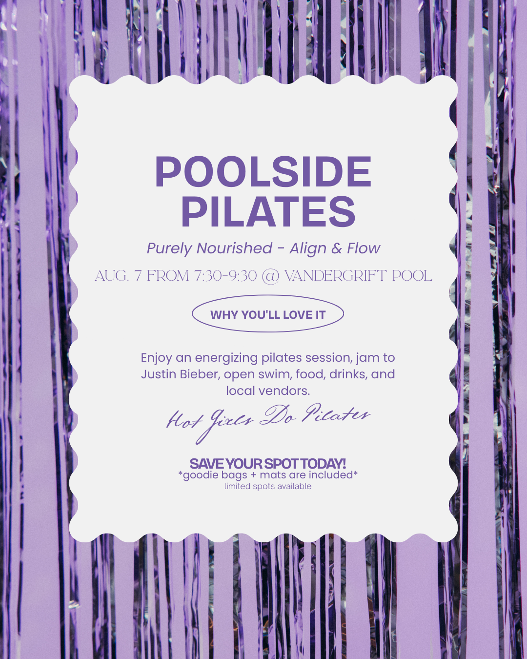 Poolside Pilates event flyer — August 7 at Vandergrift Pool